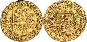 BELGIQUE
Brabant (duché de), Charles Quint (1506-1555). Réal d’or ND, Anvers. Fr.56 ; Or - 4,79 g - 26,5 mm - 9 h
Ancienne trace de monture à 12h. Fla...