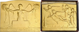 BELGIQUE
Léopold III (1934-1951). Plaque, Exposition internationale Universelle de Bruxelles, en bronze doré, par Bonnetain, et boîte de chez Fonson é...