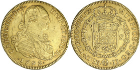 COLOMBIE
Charles IV (1788-1808). 8 escudos 1792 JJ, NR, Nuevo Reino (Santa Fé de Bogota). Fr.51 ; Or - 26,93 g - 36 mm - 12 h
Presque TTB.