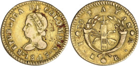 COLOMBIE
République. 1 escudo, faux d’époque en or 1848, Popayan. Fr.- ; Or - 3,27 g - 20 mm - 6 h
Faux d’époque aux légendes irrégulières. Monnaie in...