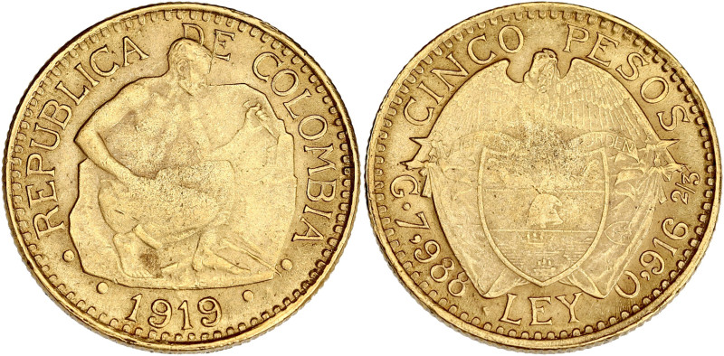 COLOMBIE
République. 5 pesos 1919. Fr.110 ; Or - 8,01 g - 22 mm - 6 h
Frappe fai...