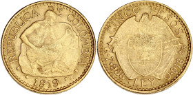 COLOMBIE
République. 5 pesos 1919. Fr.110 ; Or - 8,01 g - 22 mm - 6 h
Frappe faible. Superbe.