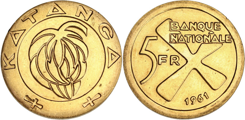 CONGO
Province du Katanga. 5 francs 1961. Fr.1 ; Or - 13,26 g - 26 mm - 12 h
Anc...