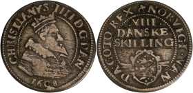 DANEMARK
Christian IV (1588-1648). 8 skilling 1608. KM.32.5 ; Argent - 2,40 g - 24 mm - 12 h
TB.
