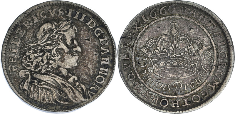 DANEMARK
Frédéric III (1648-1670). 2 mark 1666 GK, Copenhague. KM.259.1 ; Argent...