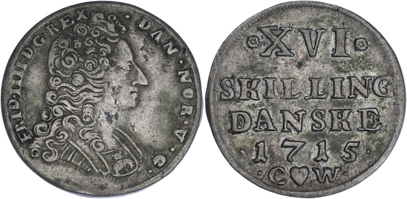 DANEMARK
Frédéric IV (1699-1730). 16 skilling 1715, Copenhague. KM.505 ; Argent ...