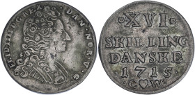 DANEMARK
Frédéric IV (1699-1730). 16 skilling 1715, Copenhague. KM.505 ; Argent - 5,05 g - 26 mm - 12 h
TB à TTB.