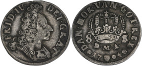 DANEMARK
Frédéric IV (1699-1730). 8 skilling 1704. KM.470 ; Argent - 2,86 g - 21 mm - 12 h
TB.