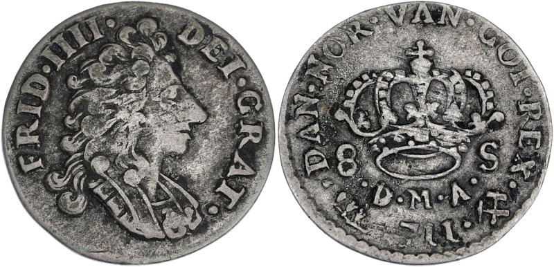 DANEMARK
Frédéric IV (1699-1730). 8 skilling 1711. KM.- ; Argent - 2,09 g - 19,5...