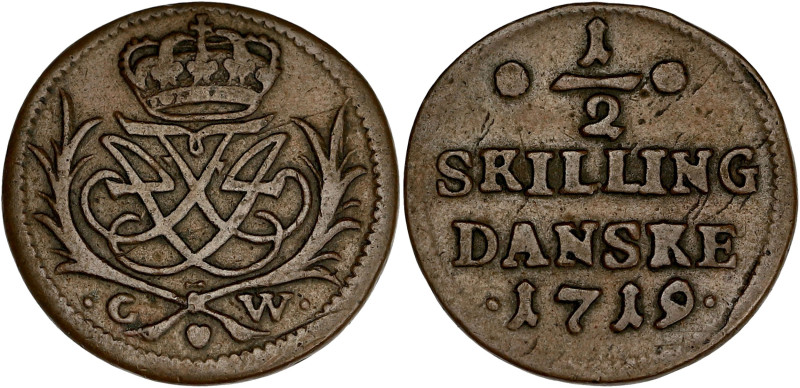 DANEMARK
Frédéric IV (1699-1730). 1/2 skilling 1719, Copenhague. KM.512.1 ; Cuiv...