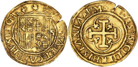 ESPAGNE
Charles et Jeanne (1516-1556). Escudo ND, Séville. Fr.153 ; Or - 3,22 g - 24 mm - 3 h
Flan échancré. TB à TTB.