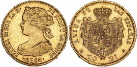 ESPAGNE
Isabelle II (1833-1868). 10 escudos 1868, Madrid. Fr.336 ; Or - 8,34 g - 22 mm - 12 h
Superbe.