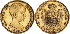 ESPAGNE
Alphonse XIII (1886-1931). 20 pesetas 1890 (90), M, Madrid. Fr.345 ; Or - 6,44 g - 21 mm - 6 h
Beau TTB.