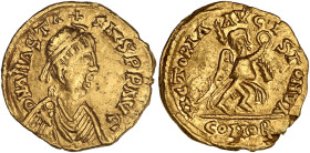 FRANCE / MÉROVINGIENS
Wisigoths, séries pseudo-impériales. Trémissis au nom d’Anastase ND (c.530-550), Narbonne ? Tomasini A1 n° 11 - MEC.- (cf.pl.10)...