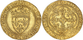 FRANCE / CAPÉTIENS
Charles VI (1380-1422). Écu d’or à la couronne, 1ère émission ND (1385). Dy.369 - Fr.291 ; Or - 4,02 g - 29 mm - 1 h
Avec les O lon...