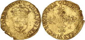 FRANCE / CAPÉTIENS
Charles IX (1560-1574). Écu d’or au soleil 1574, T, Nantes. Dy.1057 - G.442 - Fr.378 ; Or - 3,27 g - 26 mm - 2 h
Flan irrégulier. D...