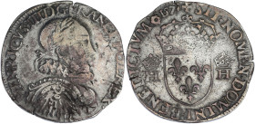 FRANCE / CAPÉTIENS
Henri III (1574-1589). Teston 3e type 1575, B, Rouen. Dy.1719 - G.43 ; Argent - 9,53 g - 28 mm - 8 h
TB.