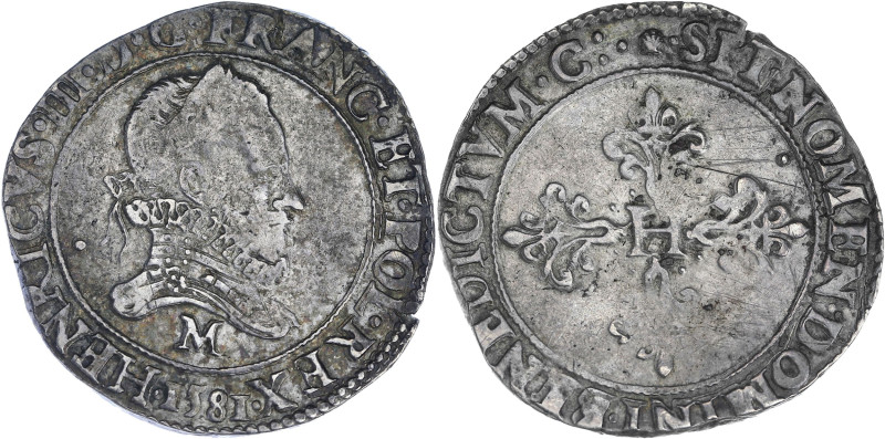 FRANCE / CAPÉTIENS
Henri III (1574-1589). Franc au col plat 1581, M, Toulouse. D...