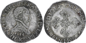 FRANCE / CAPÉTIENS
Henri III (1574-1589). Franc au col plat 1584, K, Bordeaux. Dy.1130A - G.497 ; Argent - 13,99 g - 34 mm - 6 h
De très belle qualité...