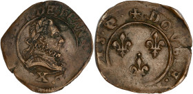 FRANCE / CAPÉTIENS
Henri III (1574-1589). double tournois au col fraisé ND (1578-1579), X, Amiens. Dy.1152B - G.456 (R3) ; Cuivre - 2,86 g - 22 mm - 1...