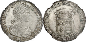 FRANCE / CAPÉTIENS
Louis XIV (1643-1715). Écu de Béarn à la mèche longue 1652, Morlaàs. Dy.1477 - G.204 - Dav.3801 ; Argent - 27,2 g - 39,5 mm - 6 h
N...