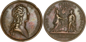 FRANCE / CAPÉTIENS
Louis XV (1715-1774). Médaille, Préliminaires de la paix de Paris 1728. Divo.68 ; Bronze - 28,93 g - 41 mm - 12 h
TB.