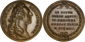FRANCE / CAPÉTIENS
Louis XV (1715-1774). Médaille, les six corps des marchands de Paris 1753. Bronze - 32,11 g - 41 mm - 12 h
Superbe.