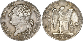 FRANCE / CAPÉTIENS
Constitution (1791-1792). Demi-écu de 3 livres FRANÇOIS 1792, A, Paris. Dy.1719 - G.43 ; Argent - 14,49 g - 33 mm - 6 h
TTB.