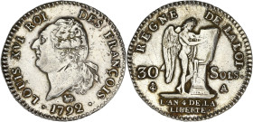 FRANCE / CAPÉTIENS
Constitution (1791-1792). 30 sols FRANÇOIS 1792, 2e semestre, A, Paris. G.39 - Dy.1720 ; Argent - 10,07 g - 29 mm - 6 h
Anciennemen...