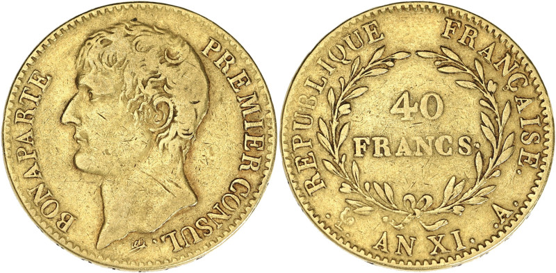FRANCE
Consulat (1799-1804). 40 francs Bonaparte, Premier Consul An XI, A, Paris...