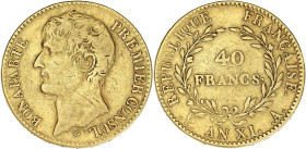 FRANCE
Consulat (1799-1804). 40 francs Bonaparte, Premier Consul An XI, A, Paris. G.1080 - F.536 - Fr.479 ; Or - 12,71 g - 26 mm - 6 h
TB.
