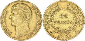 FRANCE
Consulat (1799-1804). 40 francs Bonaparte, Premier Consul An XI, A, Paris. G.1080 - F.536 - Fr.479 ; Or - 12,84 g - 26 mm - 6 h
TTB.