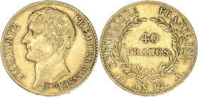 FRANCE
Consulat (1799-1804). 40 francs Bonaparte, Premier Consul An 12, A, Paris. G.1080 - F.536 - Fr.479 ; Or - 12,81 g - 26 mm - 6 h
TTB.
