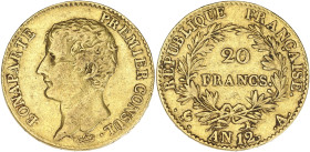 FRANCE
Consulat (1799-1804). 20 francs Bonaparte, Premier Consul An 12, A, Paris. G.1020 - F.510 - Fr.480 ; Or - 6,37 g - 21 mm - 6 h
TB.