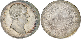 FRANCE
Consulat (1799-1804). 5 francs Bonaparte An 12, A, Paris. G.577 - F.301 ; Argent - 25 g - 37,5 mm - 6 h
TTB.