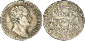 FRANCE
Consulat (1799-1804). Demi-franc Bonaparte An 12, Q, Perpignan. G.394 - F.173 ; Argent - 2,48 g - 18 mm - 6 h
Rare. TB.