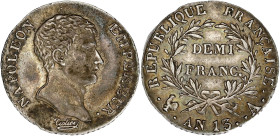 FRANCE
Premier Empire / Napoléon Ier (1804-1814). Demi-franc calendrier révolutionnaire An 13, A, Paris. G.395 - F.174 ; Argent - 2,48 g - 18 mm - 6 h...