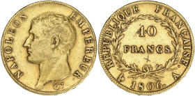 FRANCE
Premier Empire / Napoléon Ier (1804-1814). 40 francs République, tête nue 1806, A, Paris. G.1082 - F.538 - Fr.481 ; Or - 12,83 g - 26 mm - 6 h
...