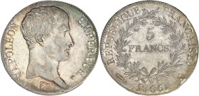 FRANCE
Premier Empire / Napoléon Ier (1804-1814). 5 francs République, calendrier grégorien 1806, K, Bordeaux. G.581 - F.304 ; Argent - 24,83 g - 37 m...