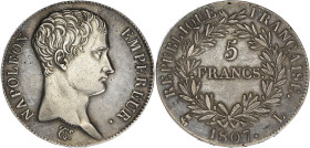 FRANCE
Premier Empire / Napoléon Ier (1804-1814). 5 francs République, calendrier grégorien 1807, L, Bayonne. G.581 - F.304 ; Argent - 24,78 g - 37 mm...