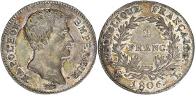 FRANCE
Premier Empire / Napoléon Ier (1804-1814). 1 franc calendrier grégorien 1806, L, Bayonne. G.444 - F.202 ; Argent - 4,95 g - 23 mm - 6 h
Avec un...
