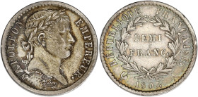 FRANCE
Premier Empire / Napoléon Ier (1804-1814). Demi-franc République 1807, A, Paris. G.398 - F.177 ; Argent - 2,51 g - 18 mm - 6 h
Rare. TTB.