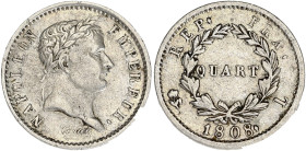 FRANCE
Premier Empire / Napoléon Ier (1804-1814). Quart de franc, tête laurée, REPUBLIQUE 1808, L, Bayonne. G.349 - F.161 ; Argent - 1,22 g - 15 mm - ...