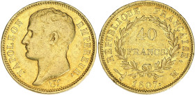 FRANCE
Premier Empire / Napoléon Ier (1804-1814). 40 francs type transitoire, tête nue 1807, M, Toulouse. G.1082a - F.539 - Fr.486 ; Or - 12,80 g - 26...