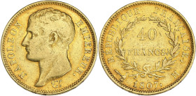 FRANCE
Premier Empire / Napoléon Ier (1804-1814). 40 francs type transitoire, tête nue 1807, M, Toulouse. G.1082a - F.539 - Fr.486 ; Or - 12,81 g - 26...