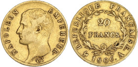 FRANCE
Premier Empire / Napoléon Ier (1804-1814). 20 francs tête nue, calendrier grégorien 1806, A, Paris. G.1023 - F.513 - Fr.487a ; Or - 6,37 g - 21...