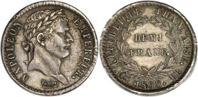 FRANCE
Premier Empire / Napoléon Ier (1804-1814). Demi-franc République 1808, BB, Strasbourg. G.398 - F.177 ; Argent - 2,53 g - 18 mm - 6 h
Beau brill...