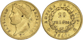 FRANCE
Premier Empire / Napoléon Ier (1804-1814). 20 francs Empire 1810, Q, Perpignan. G.1025 - F.516 - Fr.518 ; Or - 6,38 g - 21 mm - 6 h
Millésime r...