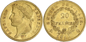 FRANCE
Premier Empire / Napoléon Ier (1804-1814). 20 francs Empire 1810, Q, Perpignan. G.1025 - F.516 - Fr.518 ; Or - 21 mm - 6 h
Millésime rare. Bell...