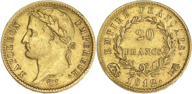 FRANCE
Premier Empire / Napoléon Ier (1804-1814). 20 francs Empire 1812, R couronnée, Rome. G.1025 - F.516 - Fr.514 ; Or - 6,42 g - 21 mm - 6 h
Variét...